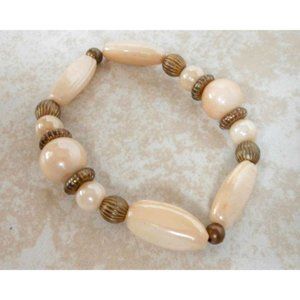 Vintage White Glass Multi Shape Bead Stretch Bracelet , Off-White